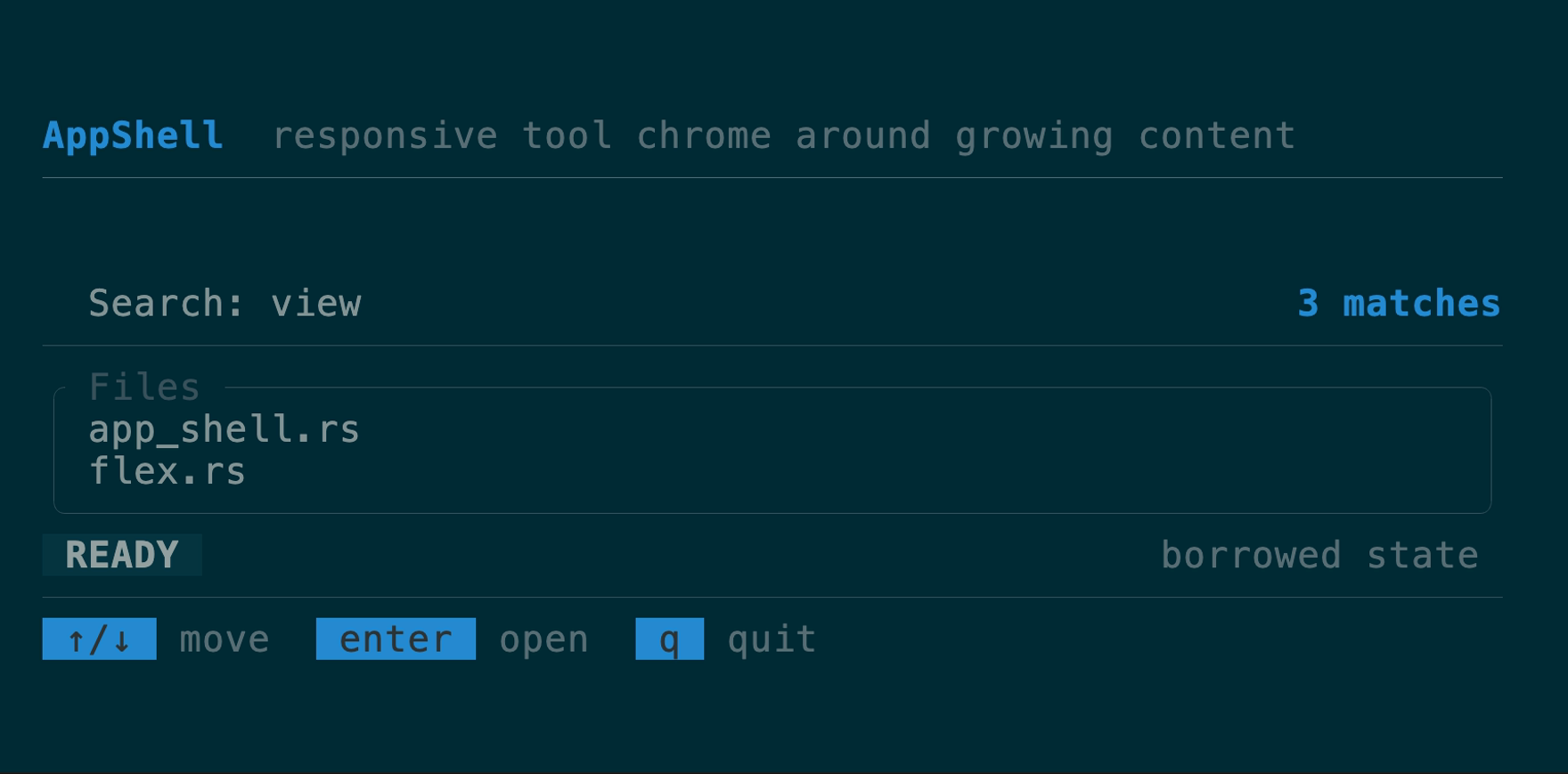 AppShell with header, file-list content, status, rules, and responsive key hints