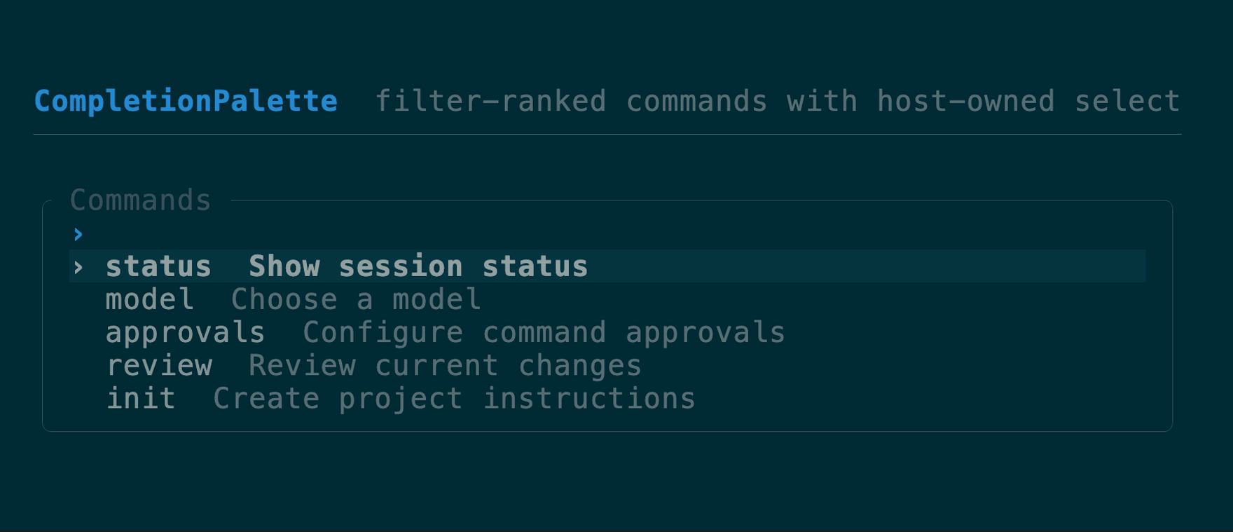 CompletionPalette filtering slash commands