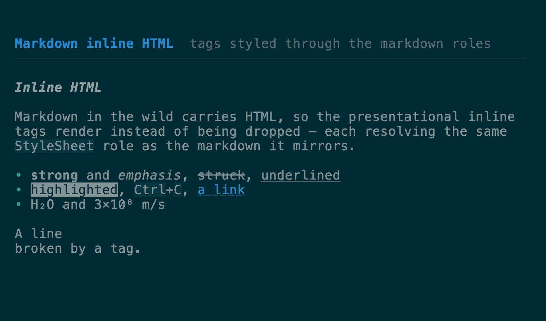 Inline HTML in markdown: strong, emphasis, struck and underlined text, a highlighted run, keyboard keys, a link, Unicode subscript and superscript, and a line broken by a br tag