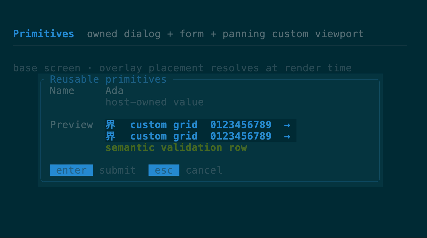 Owned dialog containing a responsive form and horizontally panning custom-drawn viewport