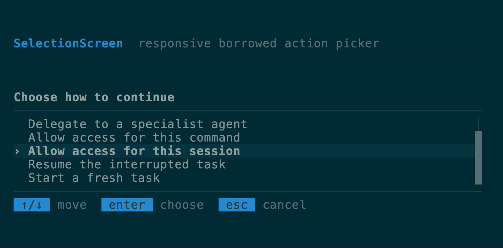 Responsive SelectionScreen action picker with header, virtualized rows, rules, and key hints