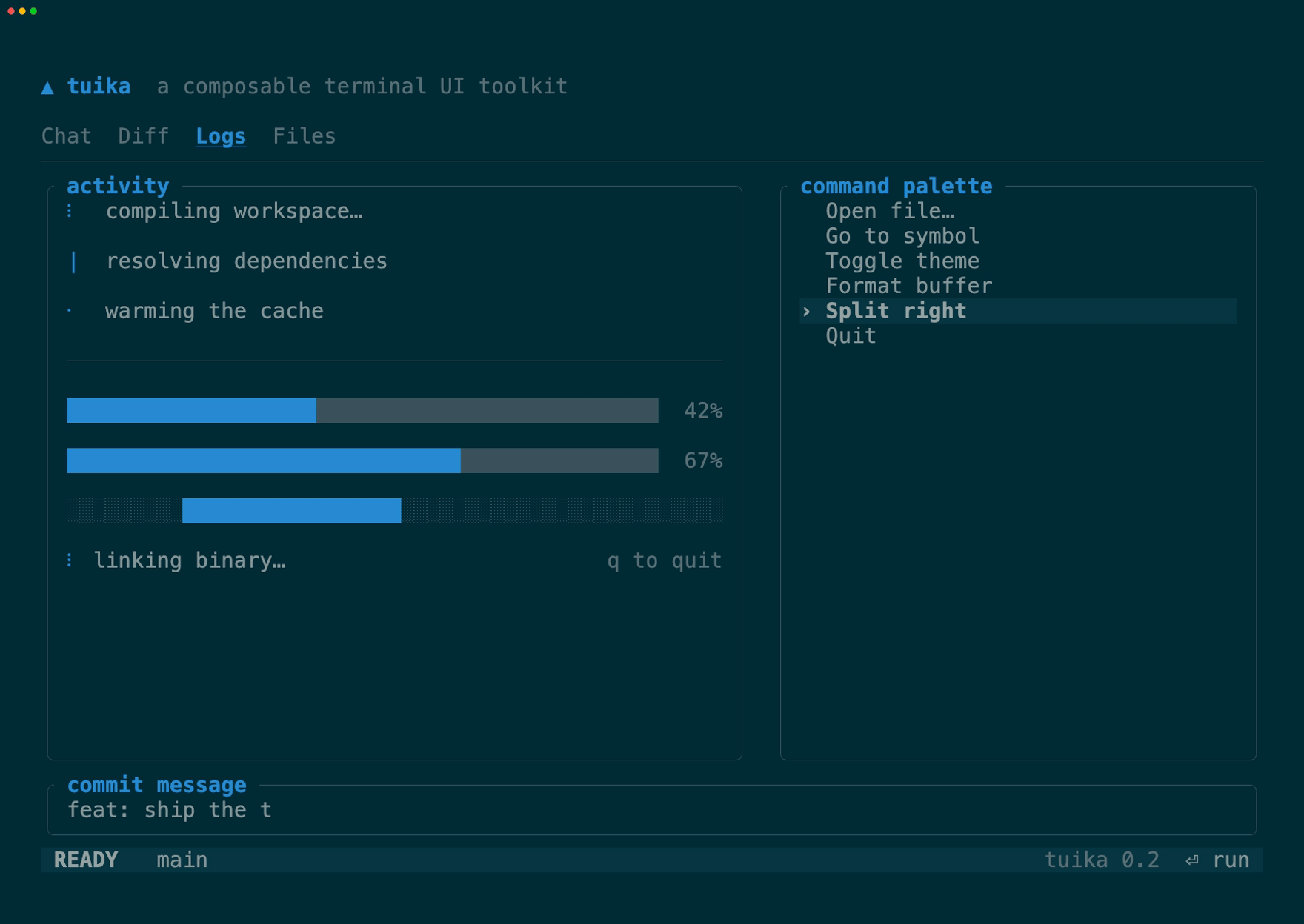 Animated tuika application with tabs, activity panels, progress bars, a command palette, text input, and a status bar