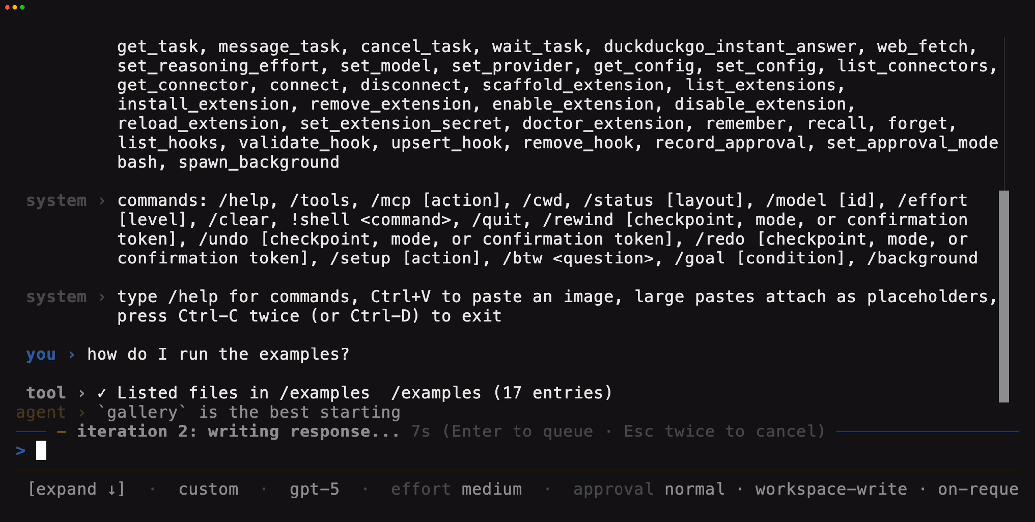 yolop demo: a question in the transcript, a tool call listing the examples directory, then a streamed markdown answer with a highlighted bash code block.